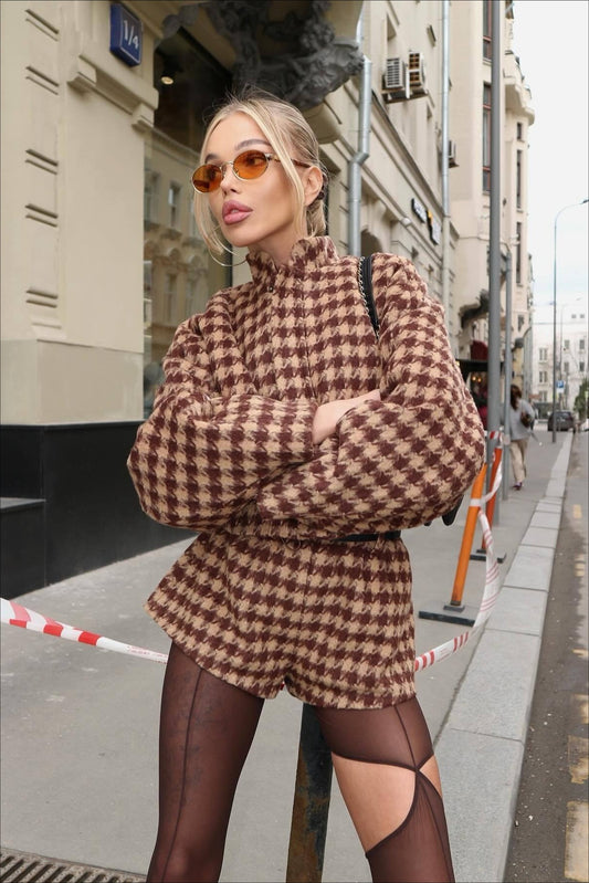 Vintage Hahnentrittmuster Reißverschlussjacke und Shorts Zweiteiliges Set