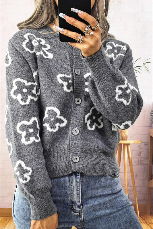 Kurzer, einreihiger Strickcardigan mit floralem Jacquardmuster und Knopfleiste