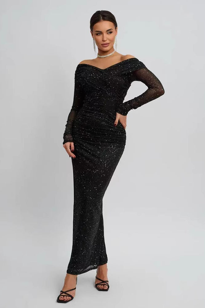 Strapless Mesh Long Sleeve Maxi Party Dress