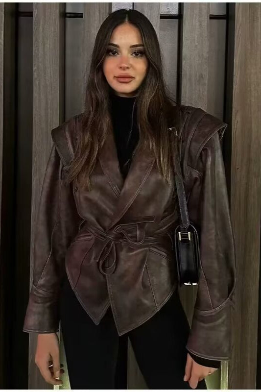 Belted Faux Leather Wrap Coat