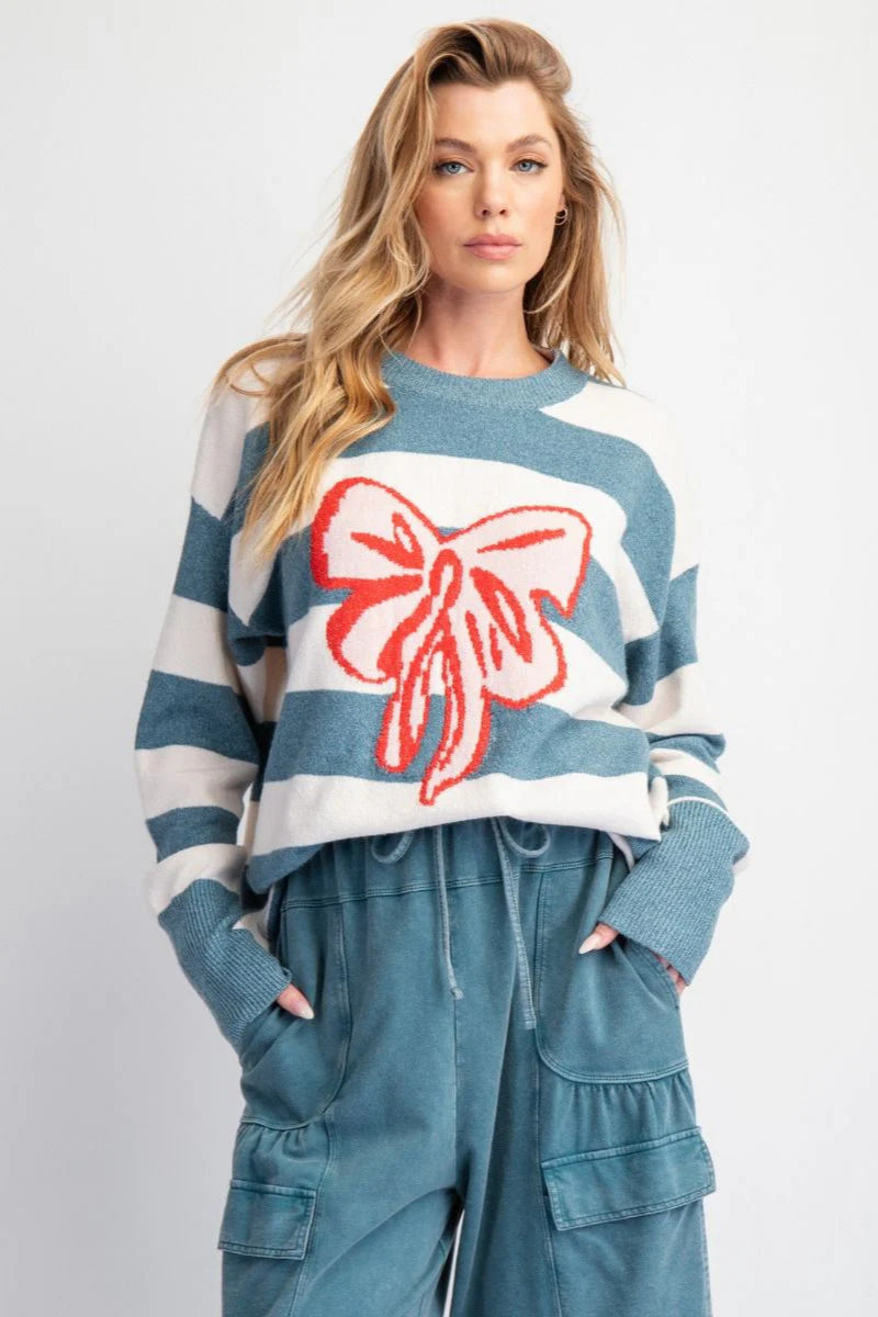 Bow Detail Jacquard Crewneck Long Sleeve Sweater Blue / S