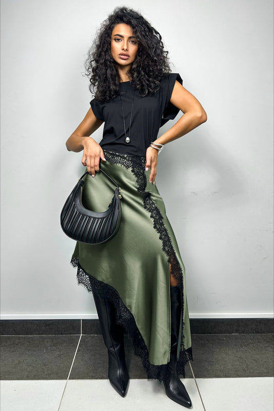 Asymmetric Satin Lace Midi Skirt