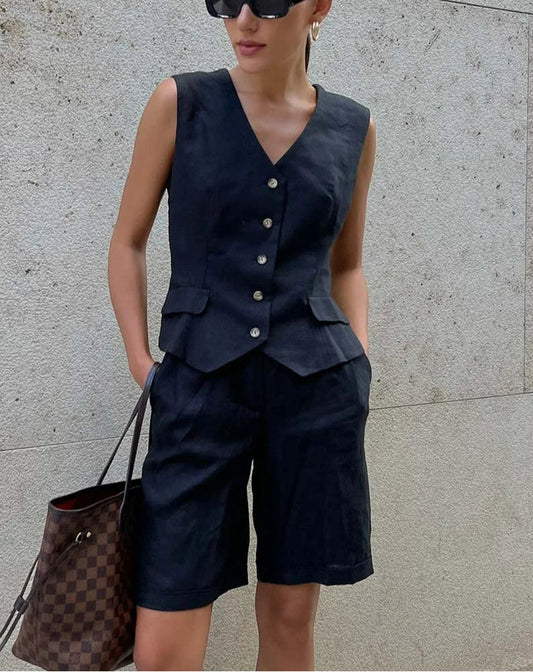 Weißes, knielanges Baumwoll-Shorts-Set mit V-Ausschnitt fürs Büro, zweiteilig