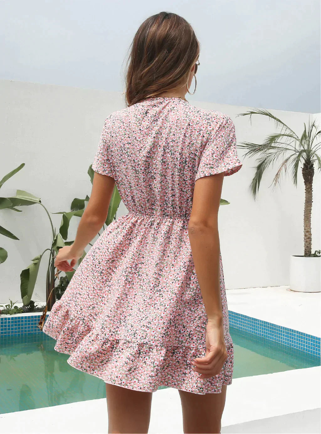 Deep V-Neck Flounces Chiffon Flowered Top M / Pink Dresses