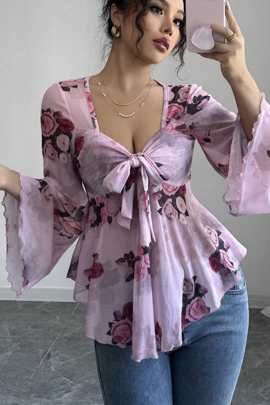 Floral Tie Dye Square Neck Tie Long Sleeve Blouse