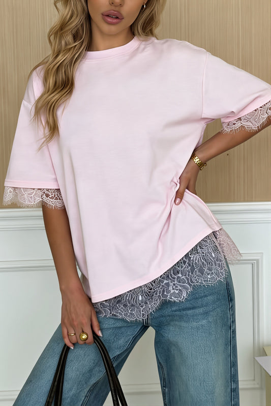 Lace Splice Back Slit Oversize T-Shirt