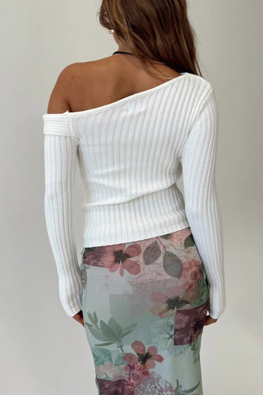 Fitted French Off-Shoulder Collar Rib-Knit Top