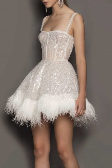 Feather Sequin Strapless Party Dress S / White
