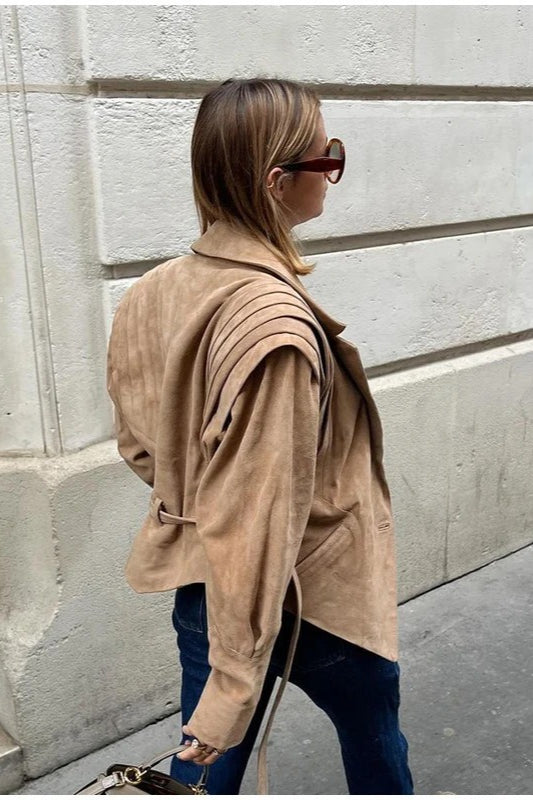 Belted Faux Suede Wrap Blazer