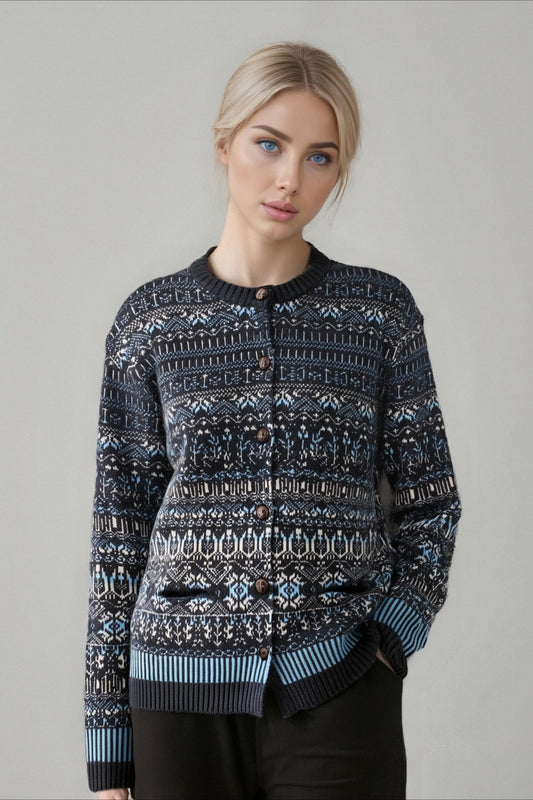Fair Isle Jacquard Colorblock Strickcardigan mit Rundhalsausschnitt