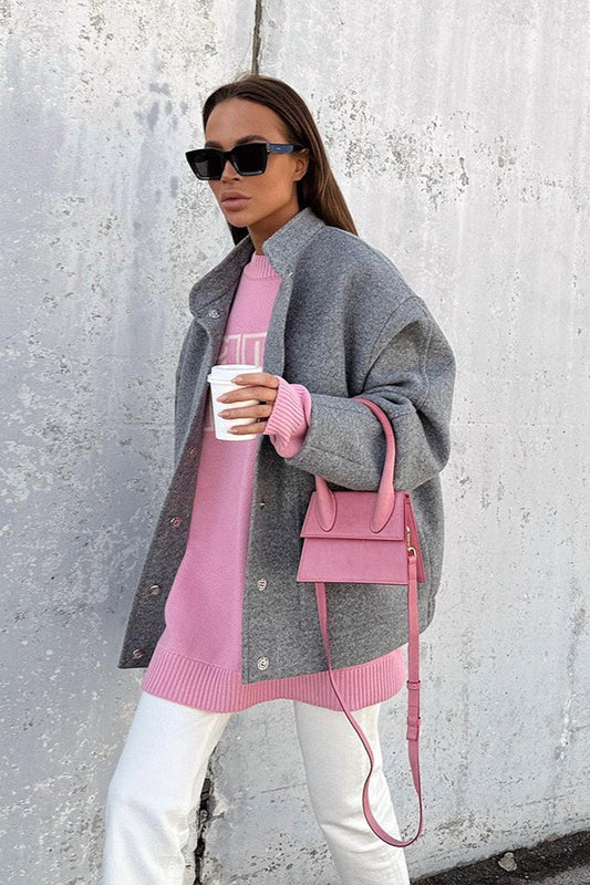 Gray Stand Collar Cocoon Sleeve Coat