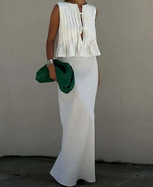 Weißer Knöchelrock aus Baumwolle mit Schnürung fürs Büro, zweiteiliges Set