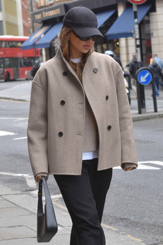 Double Breasted Stand Collar Wool Blend Jacket