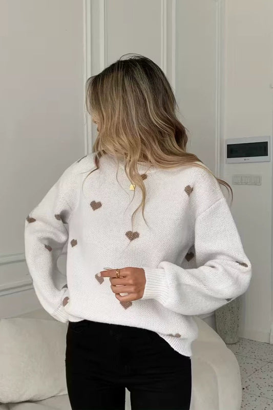 Heart Motif Crew Neck Relaxed Knit Sweater