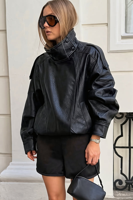 Oversized High Collar Faux Leather Jacket