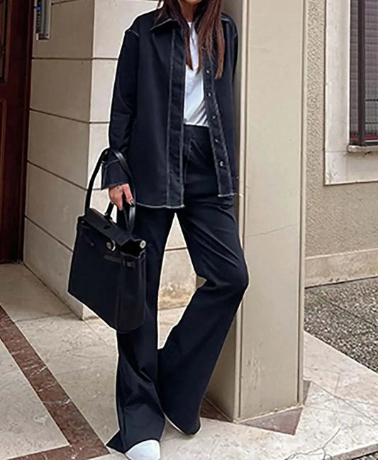 Marineblaue Hose mit Knopftaschen fürs Büro, zweiteiliges Set