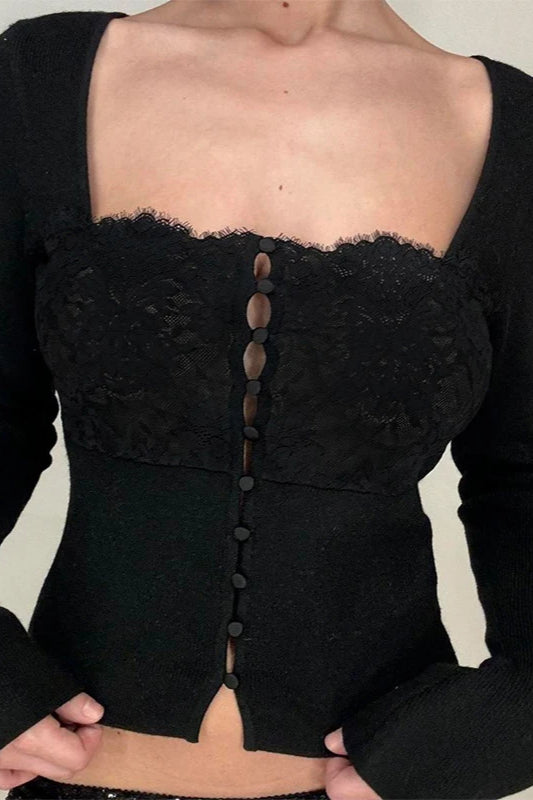 Black Square Neck Buttoned Cardigan