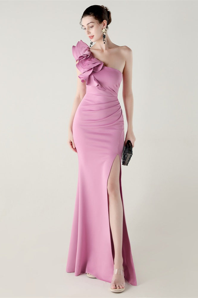 Ruffled Floral One Shoulder Satin Party Dress