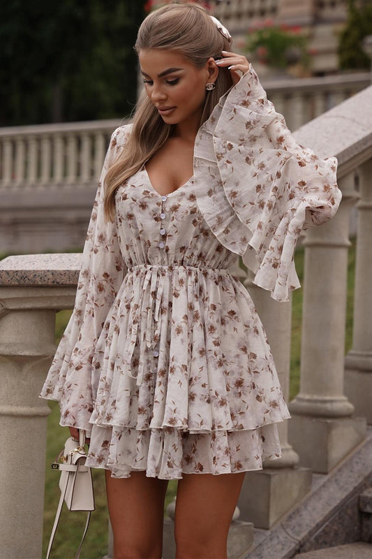 Französisches Minikleid mit Blumenmuster, V-Ausschnitt und Rüschen