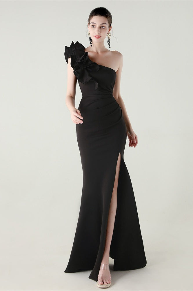 Ruffled Floral One Shoulder Satin Party Dress Black / S