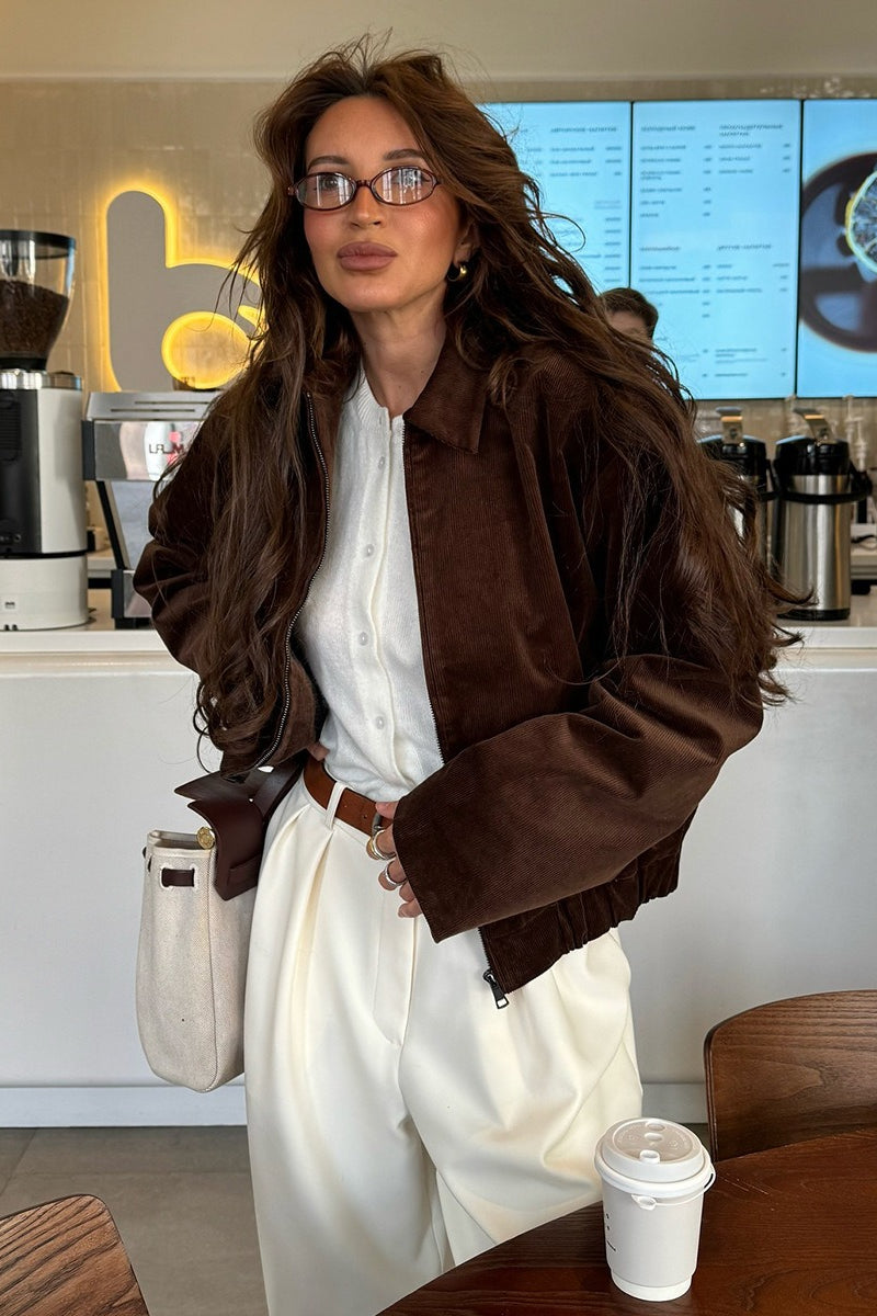 Retro Coffee Cotton Corduroy Zip Jacket