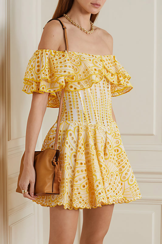 Elegant Designer Embroidery Hollow Out Cutout Waist Cinched Mini Dress