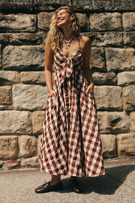 Schickes kariertes Neckholder-Midikleid mit Knöpfen 