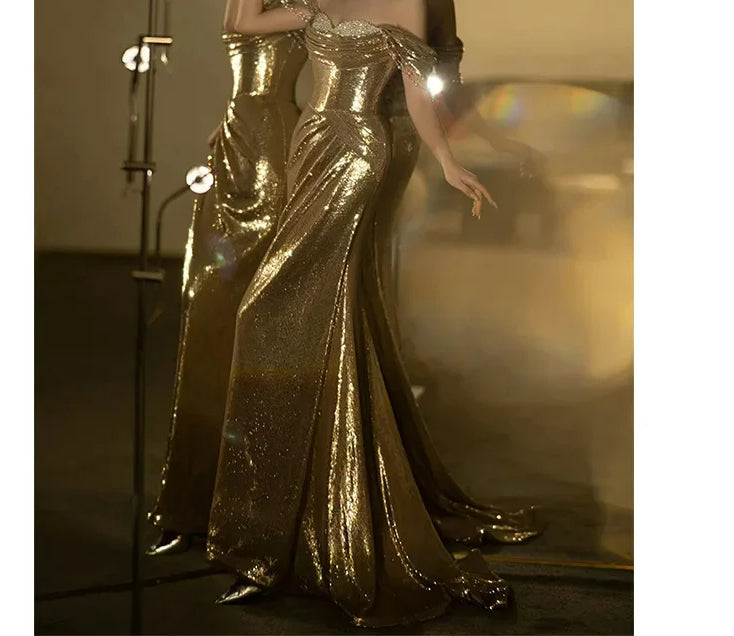 Golden Backless Sequined Party Dress Partydress-241208