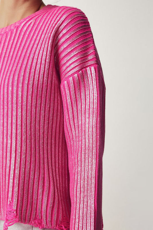 Einfarbiger, schlichter, lockerer Langarmpullover aus Silberfolie