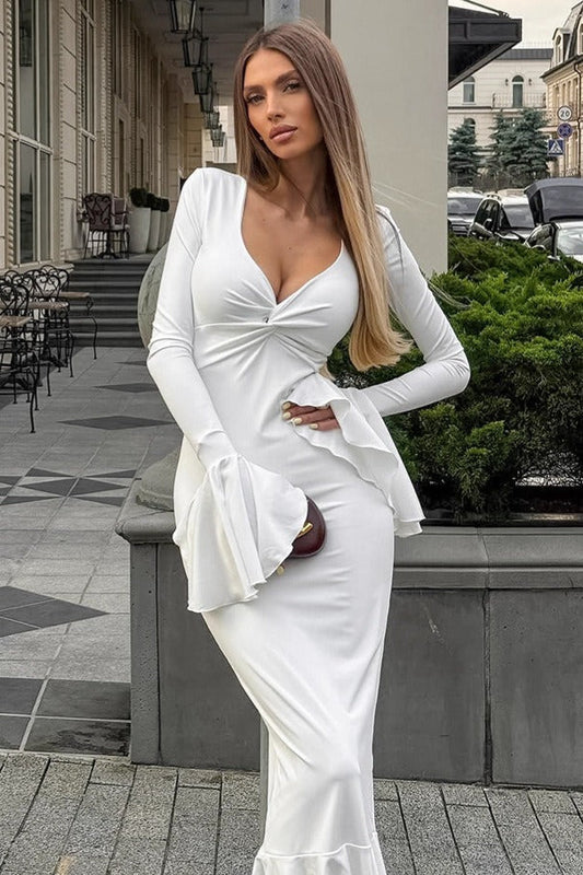 Midikleid mit Rüschen, V-Ausschnitt und ausgestellten Ärmeln