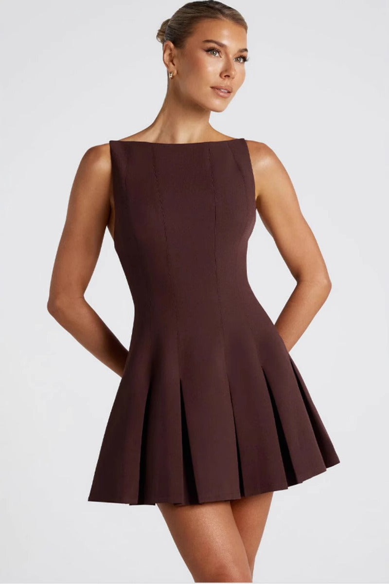 Solid Color Wide Hem Sleeveless Cocktail Dress S / Brown