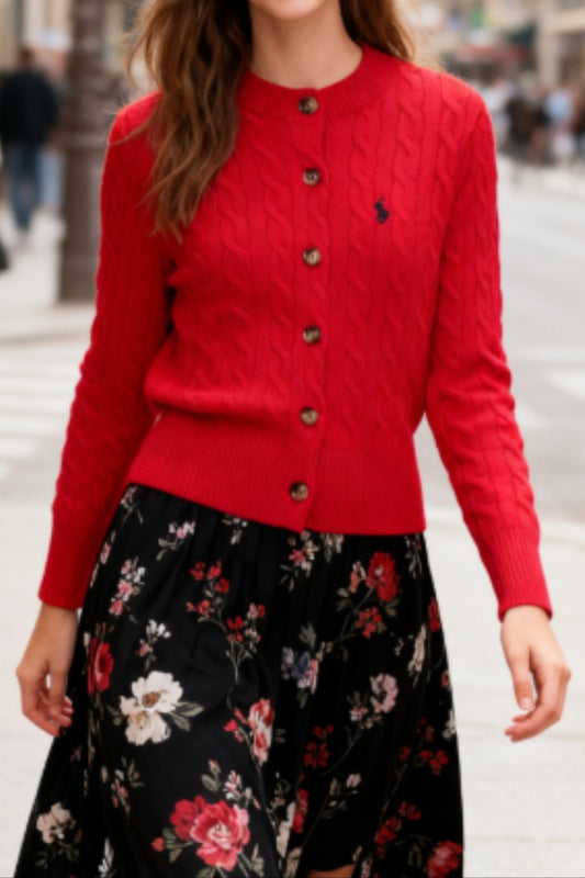 Bestickter Zopfmuster-Strickpullover aus Wolle