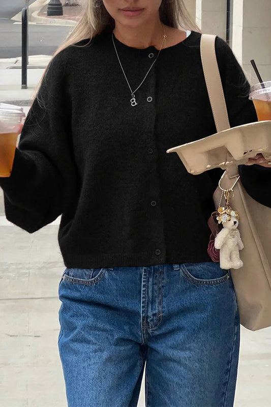 Cropped Knit Button Cardigan Black / S