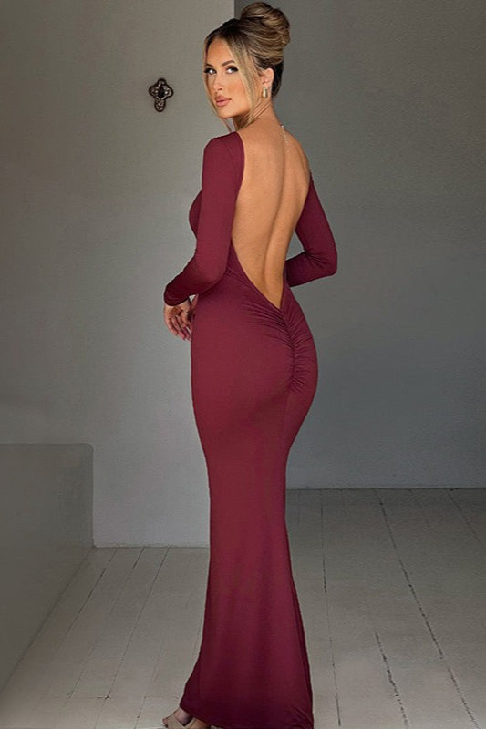 Long Sleeve Backless Bodycon Formal Dress S / Claret