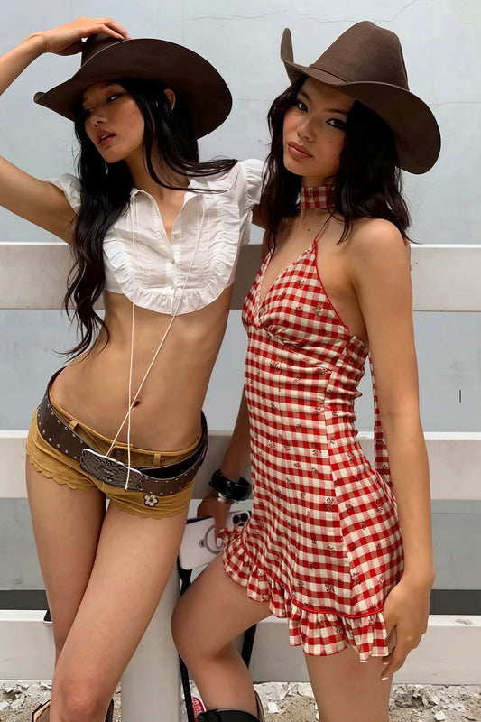 Vintage rotes kariertes Minikleid mit tiefem V-Ausschnitt und Neckholder