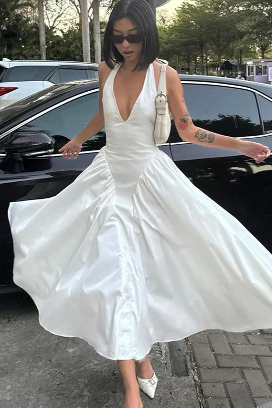 Seidig hohles, fließendes Maxikleid mit V-Ausschnitt und Pendel 