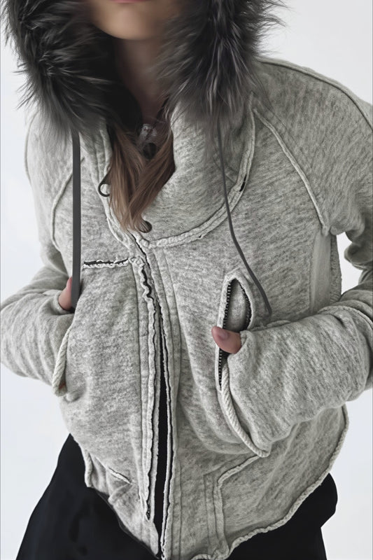 Faux Fur Trim Fitted Asym Hoodie