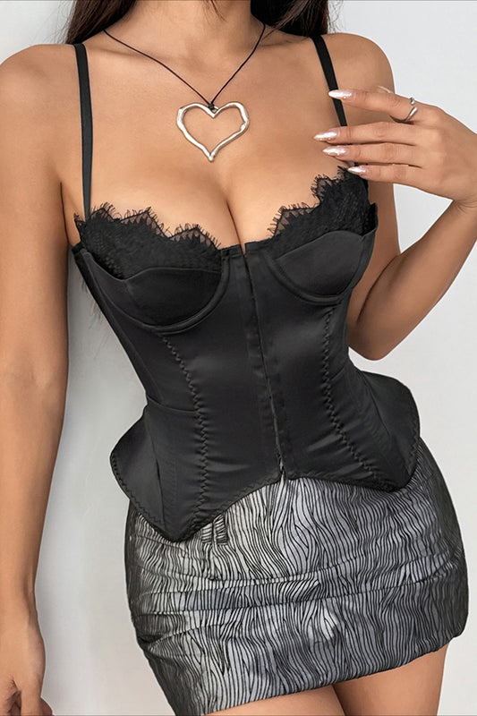 Vintage-Top mit schwerem, schwarzem Patchwork-Muster und doppeltem Saum