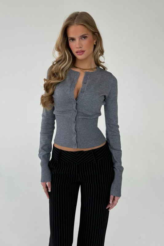 Fitted Crew Neck Button Front Knit Cardigan