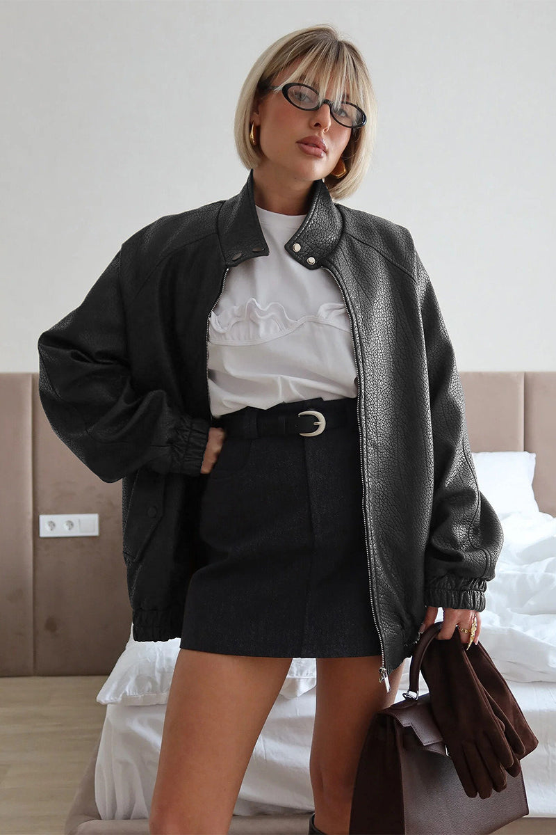 Loose Stand Collar Zipper Textured PU Leather Coat Black / S