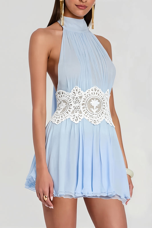 Crochet Waist Pleated Halter Mini Dress