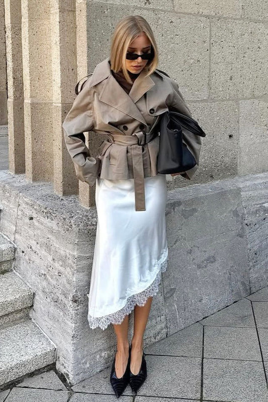 Asymmetric Lace-Hem Satin Midi Skirt