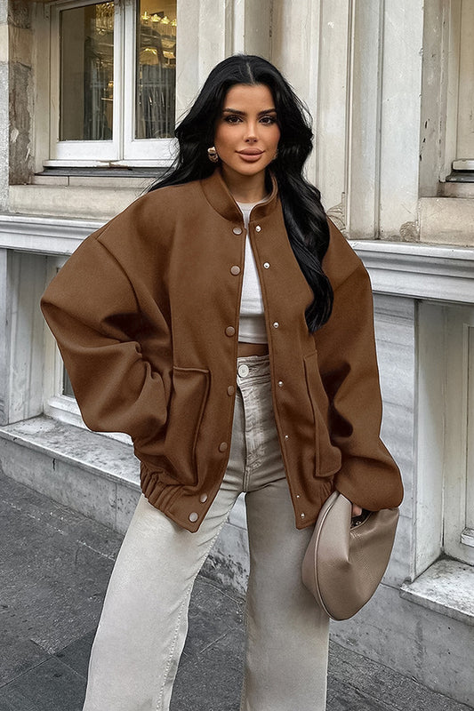 Melange-Brauner Wollmantel mit Stehkragen