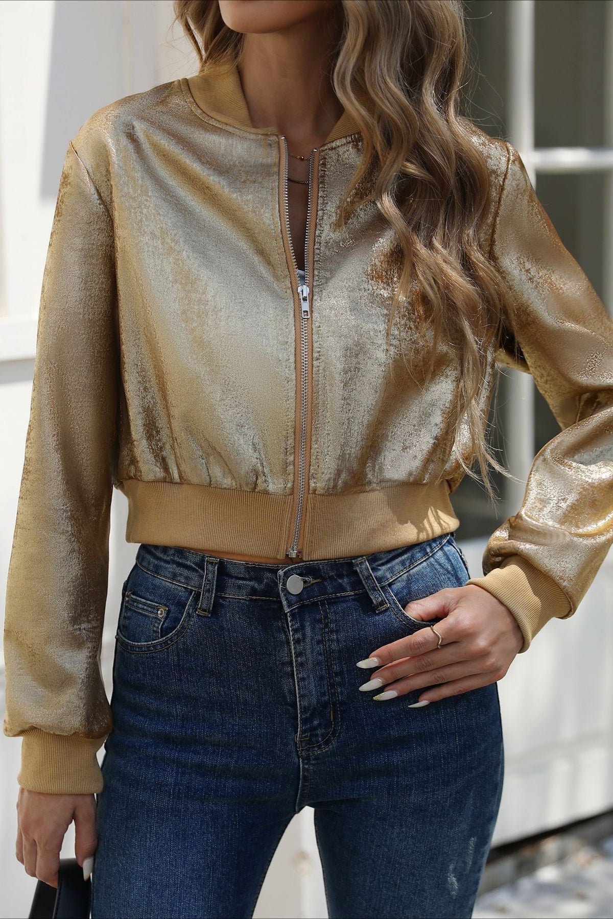 Shiny Foil Long Sleeve Zip Jacket S / Gold