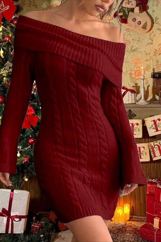 Trendiges, lässiges, vielseitiges, einfarbiges Strickkleid mit Off-Shoulder-Ausschnitt