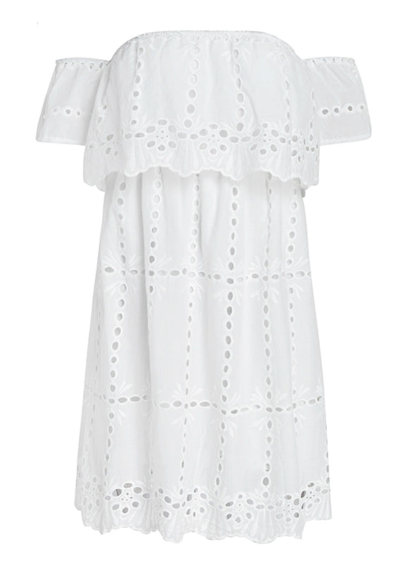 White Lace Off Shoulder Dress With Hollow Out Detail For Women Dresses