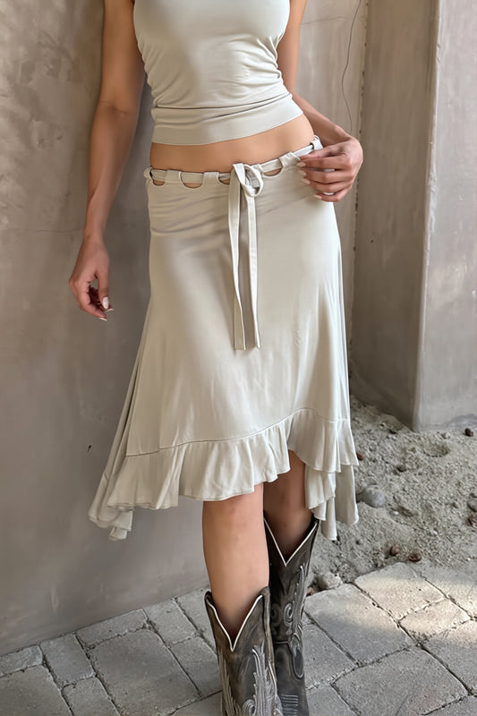 Tie Front Asymmetric Midi Skirt