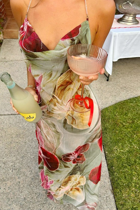 Transparentes Urlaubs-Maxikleid mit Blumenmuster und Schlitz