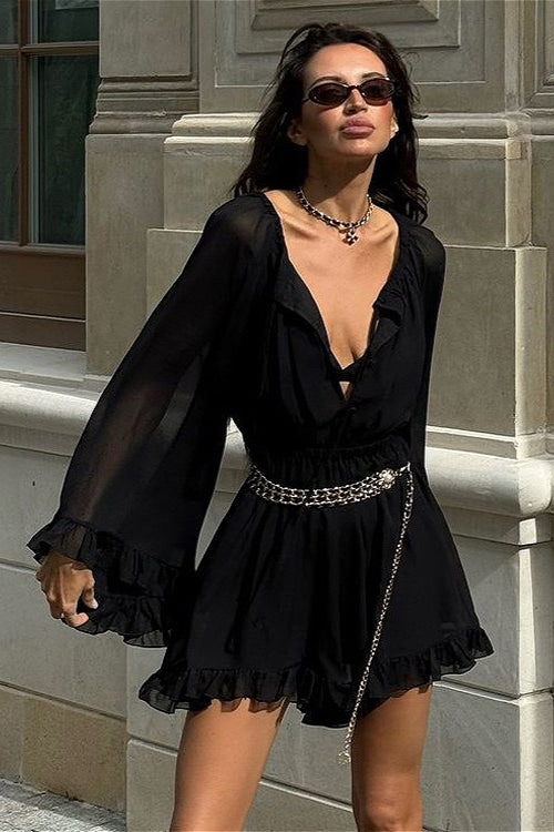 Schwarzes, transparentes Minikleid aus Mesh mit geraffter Taille