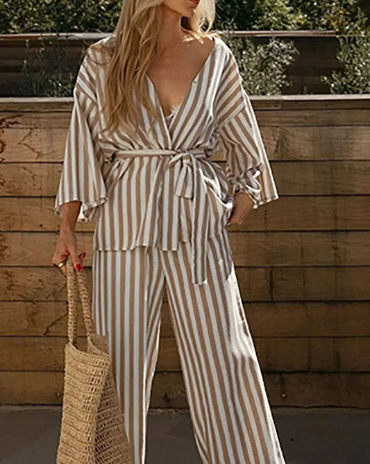 Braun bedrucktes Büro-Zweiteiler-Set mit V-Ausschnitt und Kordelzughose